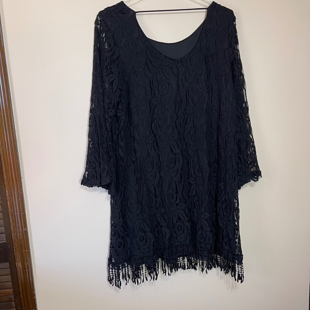 ING Black Floral Lace Bell Sleeve Tassel Fringe Shift Dress Plus Size 3X NDA354 - Picture 2 of 8